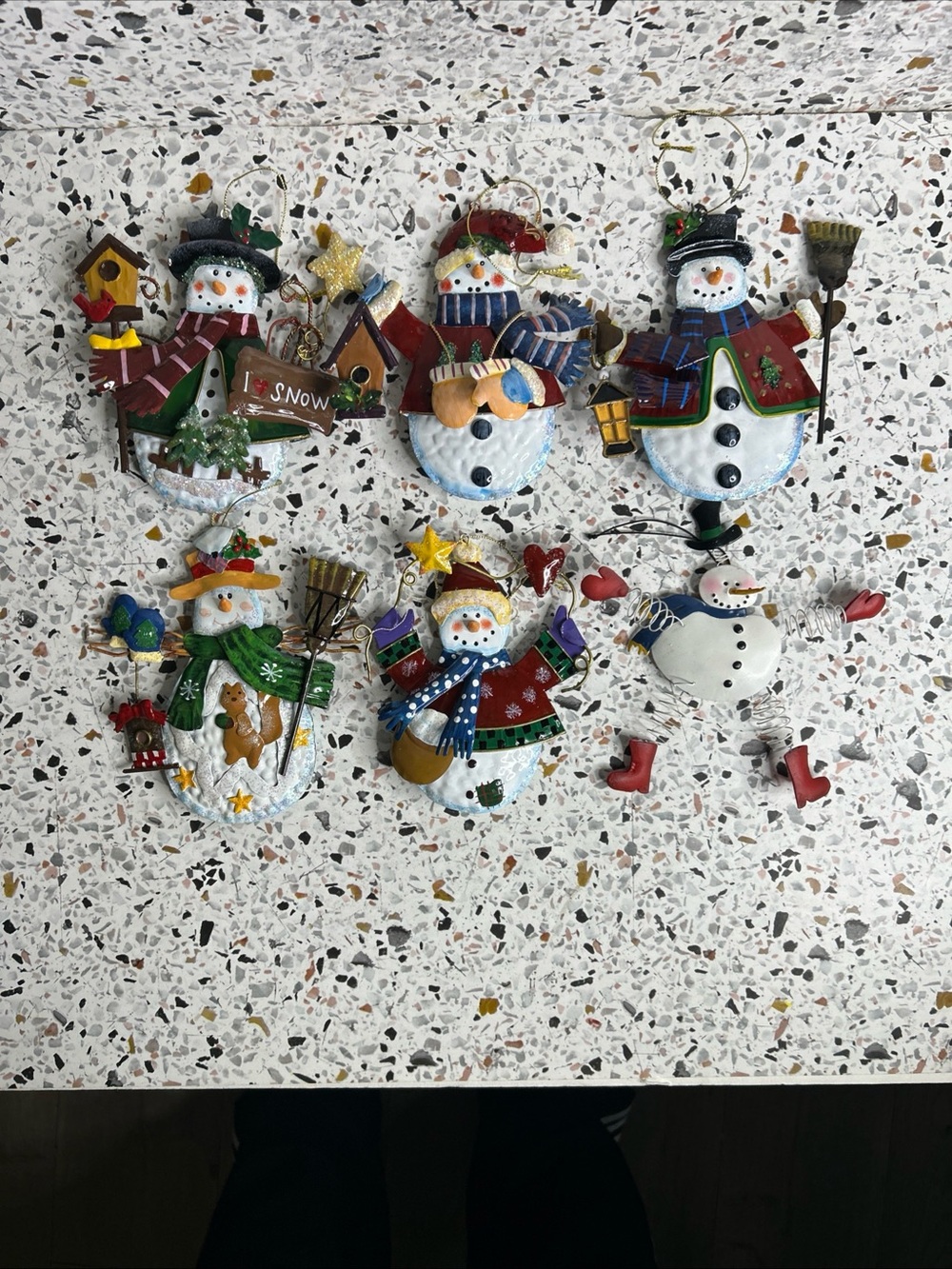 Tin Snowman 6 Christmas Ornament 3D Hand Painted Lot Of 6